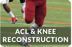 A football player in uniform is running on a football field. Title reads: ACL and Knee Reconstruction
