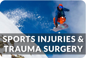 A snowboarder does a trick jump on a high mountain. Title reads: Sports Injuries and Trauma Surgery