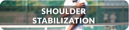 A young man stands on a tennis court holding a tennis racquet in one hand. His other hand is holding his shoulder and grimacing in pain. Title reads: Shoudler Stabilization